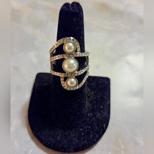 paparazzi Silver-Tone Triple Pearl & Crystal Ring - White Pearls